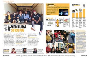 Yearbook spread from Oxnard High School in Oxnard, CA depicting their coverage of the Thomas Fire. There are many photos across the two pages and text includes personal stories, student quotes and two infographics displaying statistics about the fire and the types of donations that came to the school.