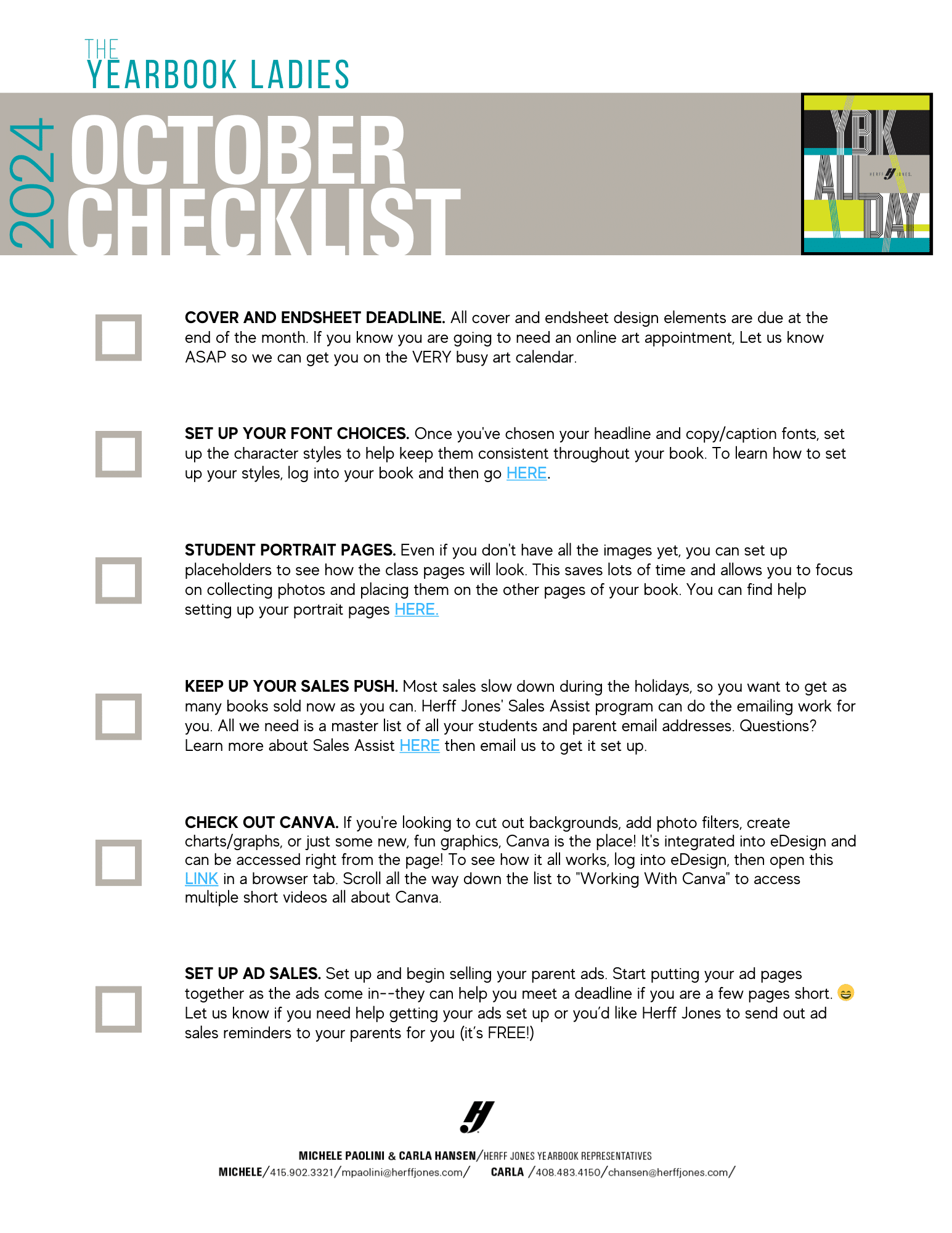 Checklist of items to be accomplished in October.